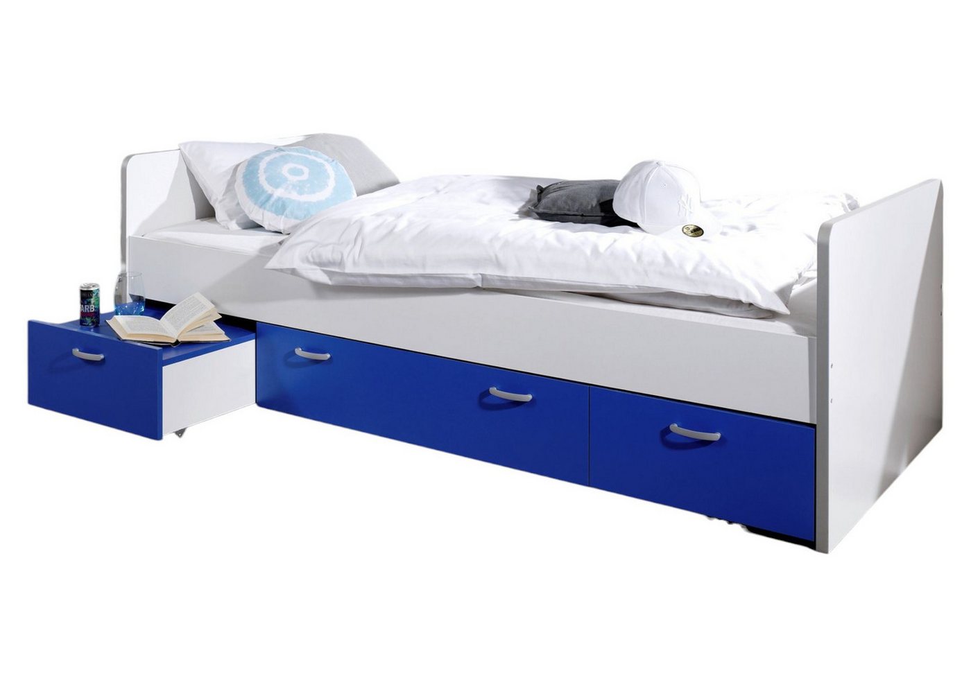 58 aufm Kessel Bettgestell Kojenbett Gilberta 205x95x65 Funktionsbett Holznachbildung Blau/Weiß (inkl. Versand), Einzelbett Liegefläche 90x200 mit Schubladen stabil und praktisch von 58 aufm Kessel