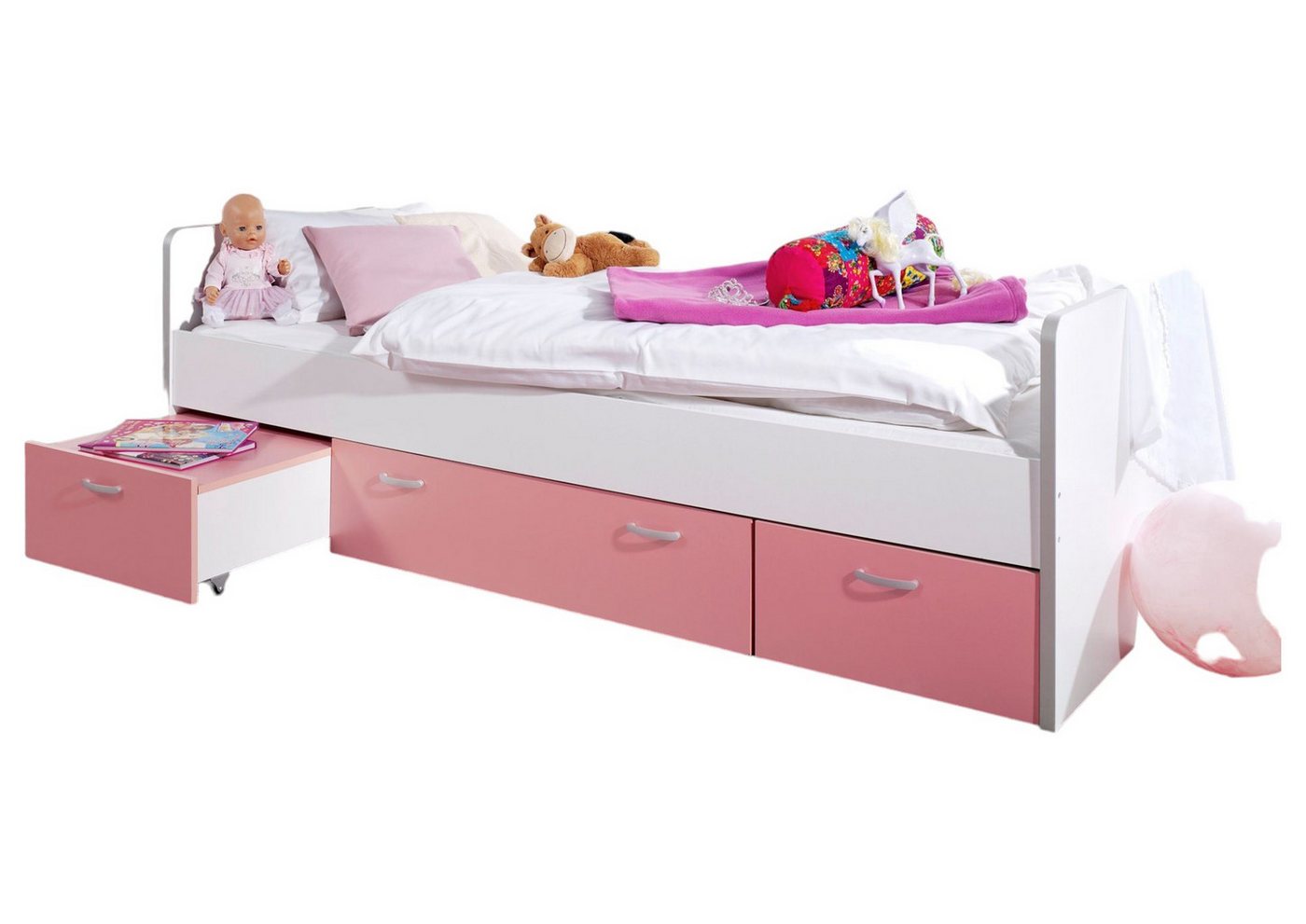 58 aufm Kessel Bettgestell Kojenbett Gilberte 205x95x65 Funktionsbett Holznachbildung Rosa/Weiß (inkl. Versand), Einzelbett Liegefläche 90x200 mit Schubladen stabil und praktisch von 58 aufm Kessel