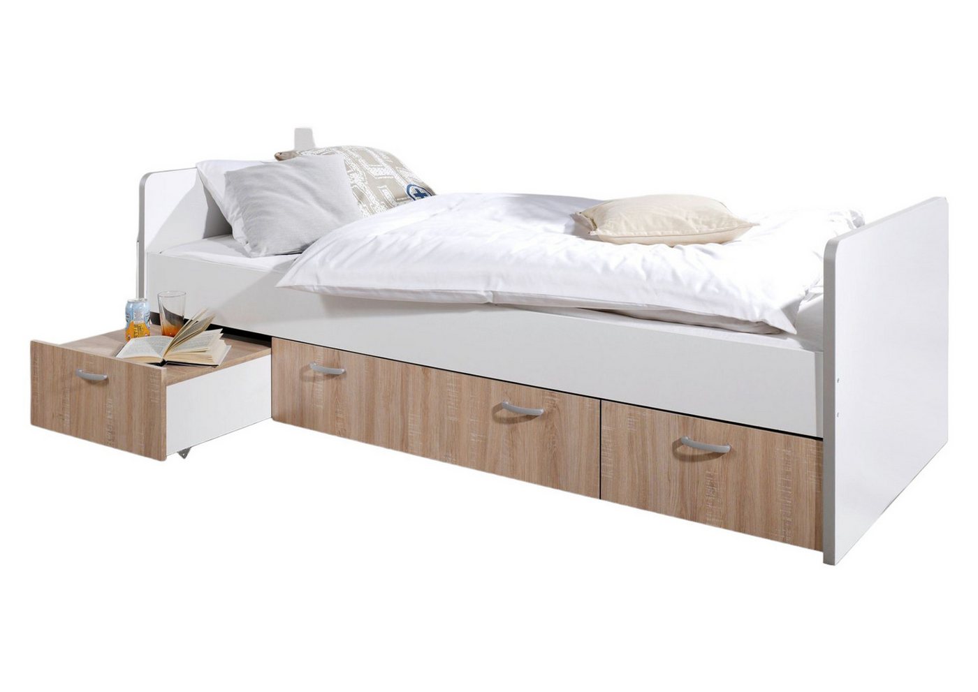 58 aufm Kessel Bettgestell Kojenbett Gilla 205x95x65 Funktionsbett Holznachbildung Sonoma/Weiß (inkl. Versand), Einzelbett Liegefläche 90x200 mit Schubladen stabil und praktisch von 58 aufm Kessel