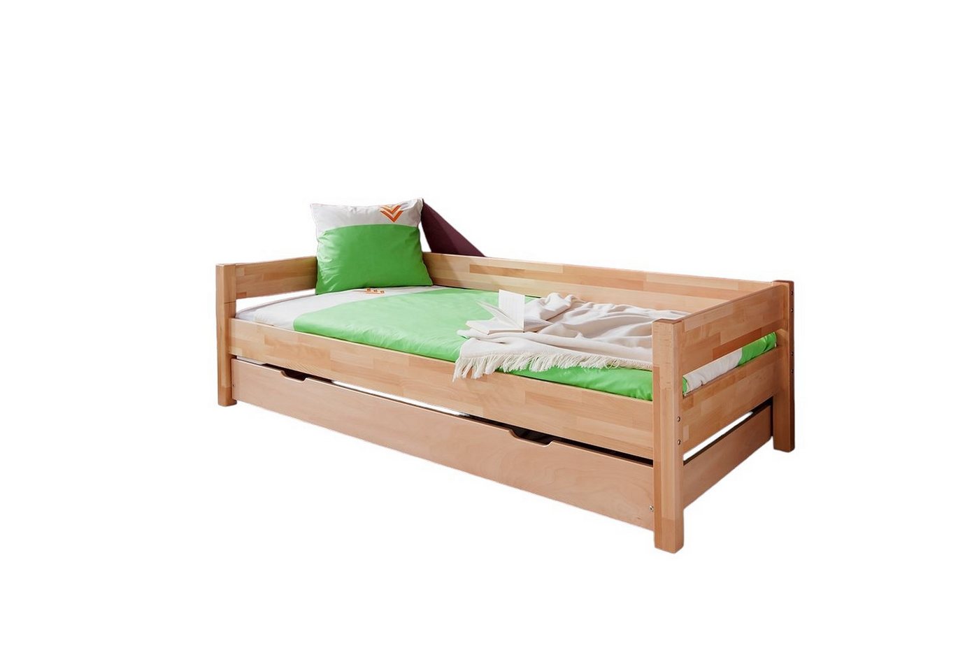 58 aufm Kessel Bettgestell Seniorenbett Gerdi 208x98x63 Kinderbett Massivholz Buche lackiert (inkl. Versand), Einzelbett mit Bettkasten Jugendbett Gästebett Liegefläche 90x200 von 58 aufm Kessel