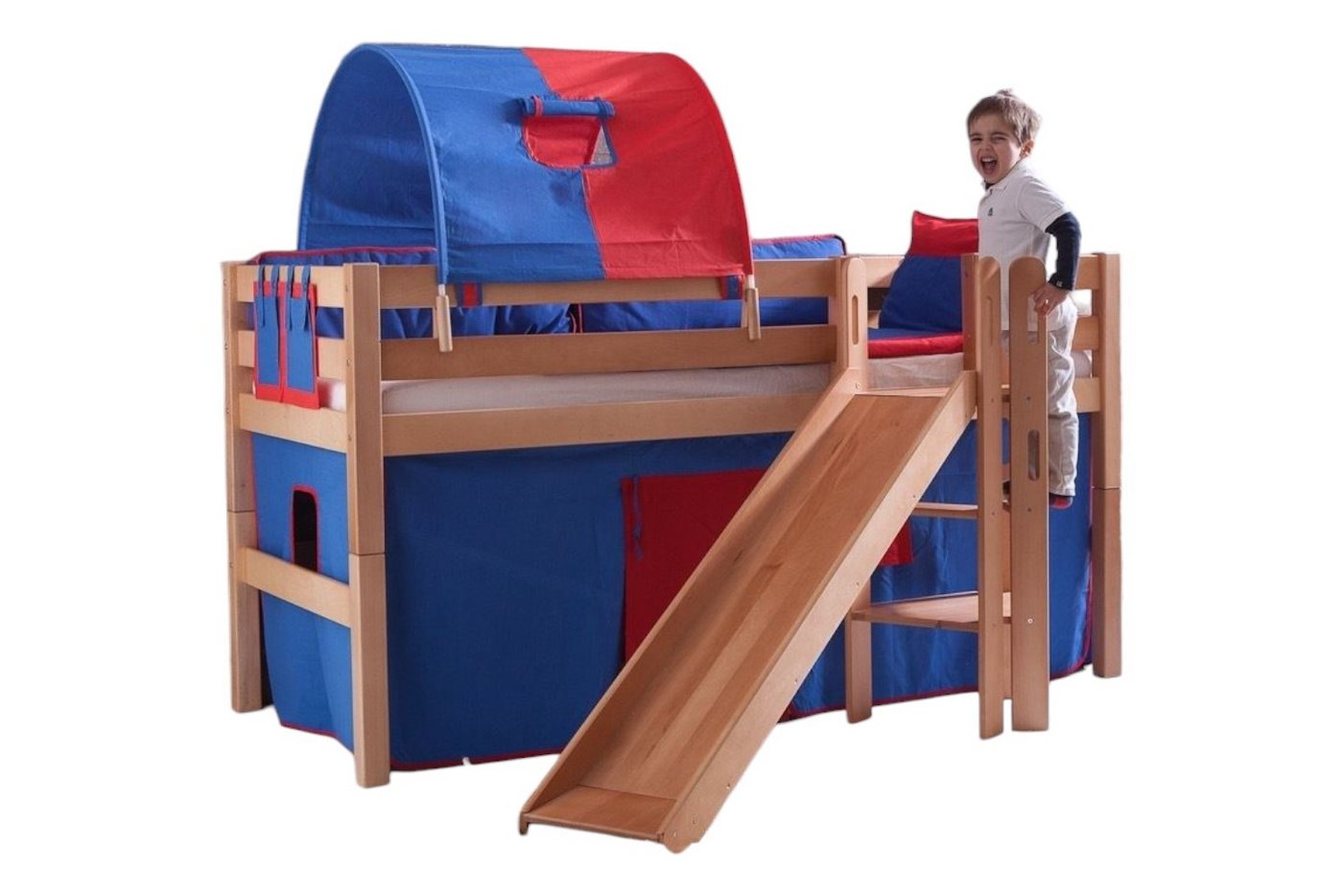 58 aufm Kessel Bettgestell Spielbett Gelja 208x186x113 Hochbett Massivholz Buche lackiert (inkl. Versand), Kinderbett 90x200 auch als Einzelbett nutzbar zum Spielen und Schlafen von 58 aufm Kessel