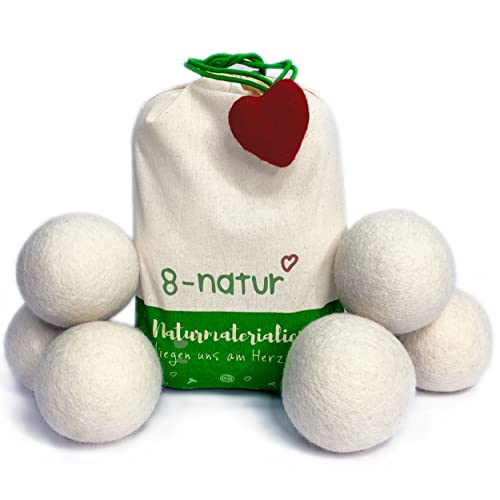 8-Natur - TÜV getestete Trocknerbälle für Wäschetrockner und Daunenjacken Schadstoff frei und tierfreundlich. Trockner Bälle aus 100% reiner Schafwolle. Wool dryer balls für Daunen von 8-Natur