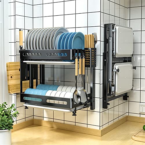 Abtropfgestell Geschirr Edelstahl Geschirrabtropfgestell Wandmontage/Arbeitsplatte Geschirrtrockner Klappbar Geschirrkorb mit Abtropfgitter, Besteckhalter, Schneidebrett-Rack, Haken, Dish Drying Rack von A TING