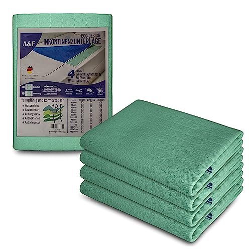 A&F Inkontinenzauflage 100x150 (4er Pack) - 4 Schichten - Bis 26280ml/m² Saugkraft -Krankenunterlage waschbar - Inkontinenzunterlage waschbar - Matratzenauflage geeignet für Erwachsene Bett von A&F