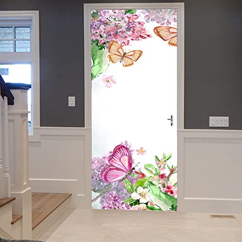 A.Monamour Türtapete Selbstklebend Türfolie Türposter 3D Aquarell Blumen Hintergrund Mit Schmetterlings Garten Botanisch Vinyl Folie Türdeko Tapete Wandbild Türaufkleber Türtattoo 90x200cm von A.Monamour