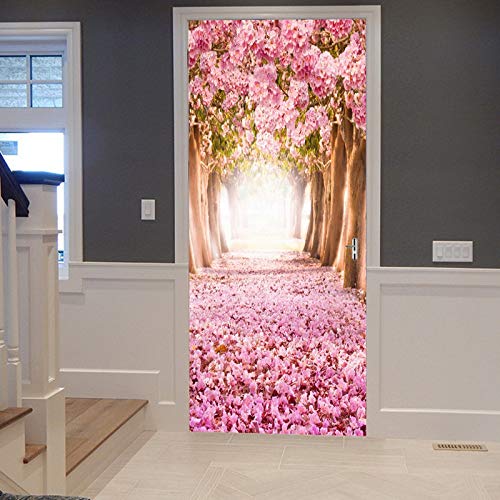 A.Monamour Türtapete Selbstklebend Türfolie Türposter 3D Frühling Rosa Kirschblüten Bäume Blühen Tiefe Lange Weg Straße Vinyl Folie Türdeko Tapete Wandbild Türaufkleber Türtattoo 77 x 200 cm von A.Monamour