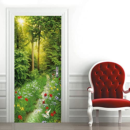 A.Monamour Türtapete Selbstklebend Türfolie Türposter 3D Grüne Bäume Wiese Blumen Garten Blick Vinyl Folie Türdeko Tapete Wandbild Türaufkleber Türtattoo 90 x 200 cm von A.Monamour