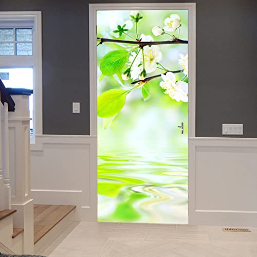 A.Monamour Türtapete Selbstklebend Türfolie Türposter 3D Grüne Blätter Weiße Blumen Und Reflexion Über Die Wassernatur Vinyl Folie Türdeko Tapete Wandbild Türaufkleber Türtattoo 90x200cm von A.Monamour