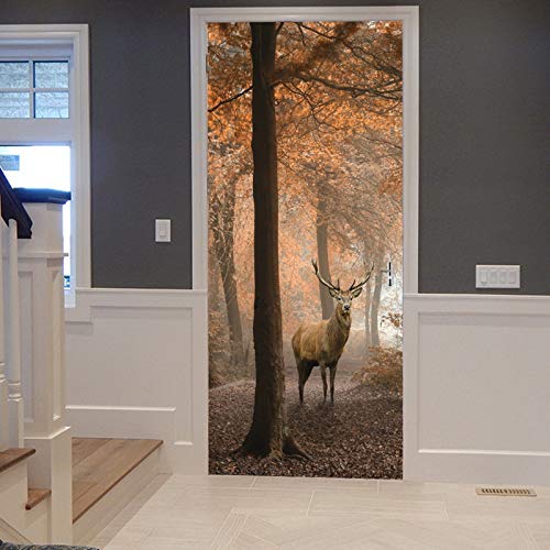 A.Monamour Türtapete Selbstklebend Türfolie Türposter 3D Hirsch In Der Naturlandschaft Roten Nebligen Herbst Waldes Bunte Bäume Vinyl Folie Türdeko Tapete Wandbild Türaufkleber Türtattoo 83 x 204 cm von A.Monamour