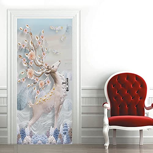 A.Monamour Türtapete Selbstklebend Türfolie Türposter 3D Hirsch Mit Blühenden Hörnern Vögel Blumen Bäume Im Hintergrund Vinyl Folie Türdeko Tapete Wandbild Türaufkleber Türtattoo 85 x 200 cm von A.Monamour