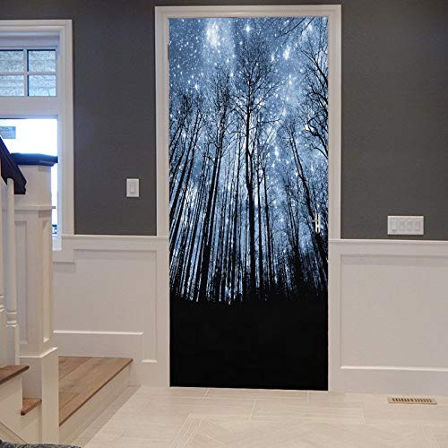 A.Monamour Türtapete Selbstklebend Türfolie Türposter 3D Magischer Blauer Sternenhimmel Galaxien Nacht Wald Bäume Vinyl Folie Türdeko Tapete Wandbild Türaufkleber Türtattoo 90 x 200 cm von A.Monamour