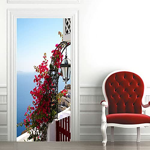 A.Monamour Türtapete Selbstklebend Türfolie Türposter 3D Meerblick Mit Traditionellen Blumen In Der Nähe des Griechischen Hauses Vinyl Folie Türdeko Tapete Wandbild Türaufkleber Türtattoo 85 x 200 cm von A.Monamour