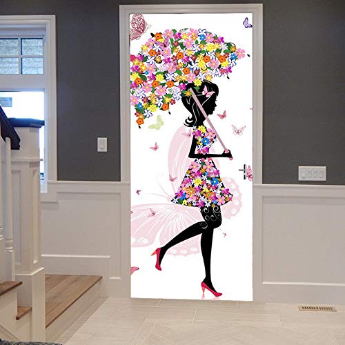 A.Monamour Türtapete Selbstklebend Türfolie Türposter 3D Rosa Blumen Regenschirm Schmetterling Mädchen Mit Blumenkleid Vinyl Folie Türdeko Tapete Wandbild Türaufkleber Türtattoo 90 x 200 cm von A.Monamour