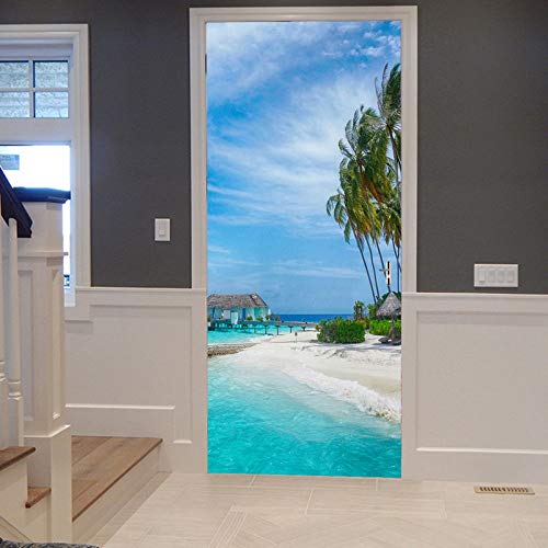 A.Monamour Türtapete Selbstklebend Türfolie Türposter 3D Sommer Strand Meer Blauen Himmel Palmen Tropische Natur Vinyl Folie Türdeko Tapete Wandbild Türaufkleber Türtattoo 77 x 200 cm von A.Monamour