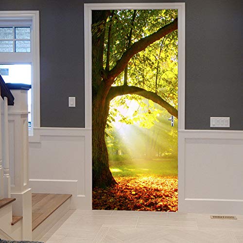 A.Monamour Türtapete Selbstklebend Türfolie Türposter 3D Sonnenschein Durch Verzauberten Großen Baum Gefallen Blätter Weg Wald Vinyl Folie Türdeko Tapete Wandbild Türaufkleber Türtattoo 90 x 200 cm von A.Monamour