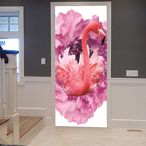 A.Monamour Türtapete Selbstklebend Türfolie Türposter 3D Weißer Hintergrund Rosa Flamingo Vogel Rosen Blumen Kunst Druck Vinyl Folie Türdeko Tapete Wandbild Türaufkleber Türtattoo 90 x 200 cm von A.Monamour