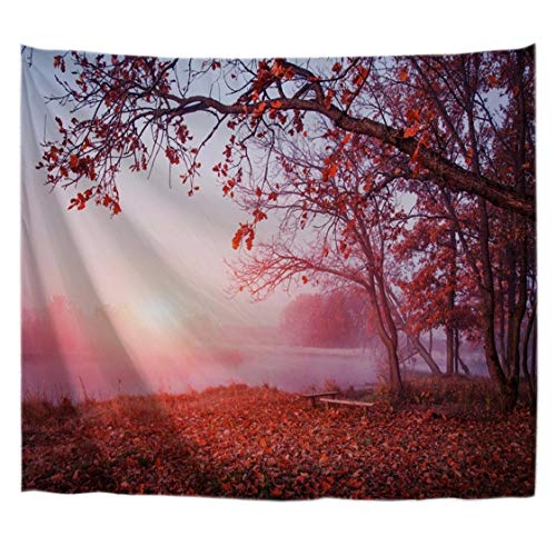 A.Monamour Wanddekor Wandteppiche Herbst Roten Wald Bäume Gefallen Blätter Sonnenschein Über Nebel Fluss Natur Landschaft Stoff Wand Tapisserie Wandbehänge Strandtücher Yoga Decken Für Innen Im Freien von A.Monamour