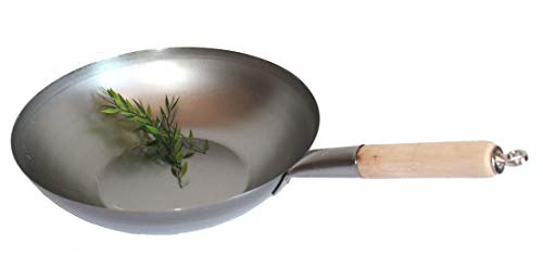 AAF Nommel ®, Wok Pfanne Flacher Boden Ø 33 cm, für Gas, Induktion, Ceran und Elektro, mit Holzgriff auch zum Aufhängen von AAF Nommel