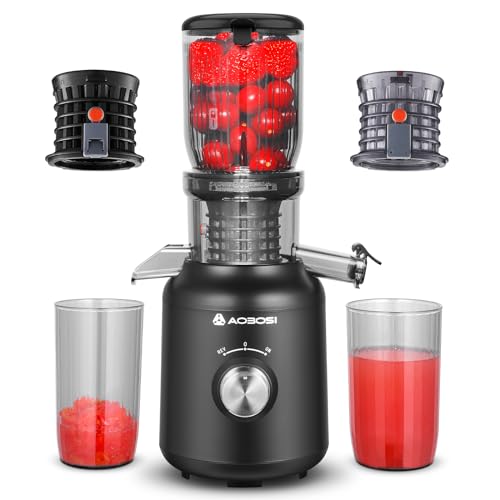 Slow Juicer-AOBOSI 250W Entsafter-Entsafter gemüse und obst testsieger mit 103 MM Einfüllschacht und 2 metallfreien Filtern-1.2L Saftpresse elektrisch mit 2 Patenten,Schwarz von AAOBOSI