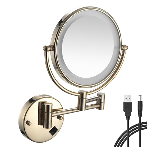 Kosmetikspiegel zur Wandmontage, 20,3 cm, USB, wiederaufladbar, zweiseitig, 1 x / 10 x Vergrößerung, Touch-Schalter, 360° Kosmetikspiegel für Badezimmer (Größe: 5-fach, Farbe: Zirkoniumgold) von AAOCLO