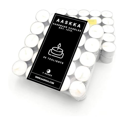 AASKKA 50x Stück Teelichter Großpackung mit 8 Stunden Brenndauer - Langzeit Teelicht Kerzen - Teelichtkerzen Set, Tealight langanhaltend in Aluhülle (Direkt vom Hersteller) von AASKKA