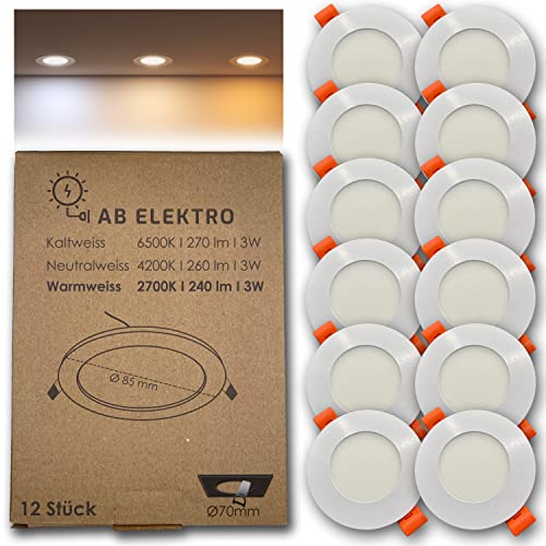 AB Elektro LED Deckenleuchte flach rund 12er Set I 3W LED Einbaustrahler 12V Warmweiß I LED Panel Deckenleuchte I LED Einbauleuchte Set mit Trafo von AB Elektro