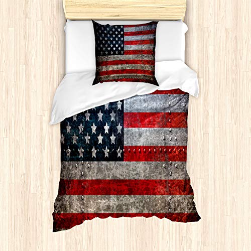 ABAKUHAUS Amerikanische Flagge Bettbezug Set, US-Flaggen-Platte, Milbensicher Allergiker geeignet mit Kissenbezügen, 135 cm x 200 cm - 80 x 80 cm, rot Grau von ABAKUHAUS