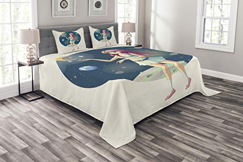 ABAKUHAUS Anime Tagesdecke Set, Mädchen mit Sternen im Raum, Set mit Kissenbezügen Sommerdecke, für Doppelbetten 220 x 220 cm, Blaugrau Beige von ABAKUHAUS