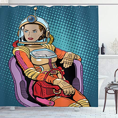 ABAKUHAUS Astronaut Duschvorhang, Raum Lady Purse, Stoffliches Gewebe Badezimmerdekorationsset mit Haken, 175 x 220 cm, Petrol Blau Mehrfarbig von ABAKUHAUS