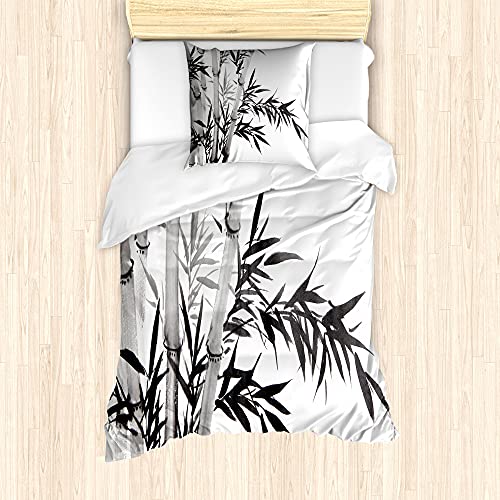 ABAKUHAUS Bambus Bettbezug Set für Einzelbetten, Chinesische Kalligraphie, Milbensicher Allergiker geeignet mit Kissenbezug, 135 cm x 200 cm - 80 x 80 cm, Charcoal Grau Weiß von ABAKUHAUS