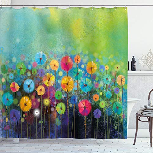 ABAKUHAUS Blumen Duschvorhang, Bunter Löwenzahn, Stoffliches Gewebe Badezimmerdekorationsset mit Haken, 175 x 220 cm, Mehrfarbig von ABAKUHAUS