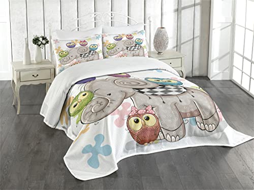 ABAKUHAUS Bunt Tagesdecke Set, Elefant und Eulen-Liebe, Set mit Kissenbezügen Waschbar, für Einzelbetten 170 x 220 cm, Grau Weiß von ABAKUHAUS