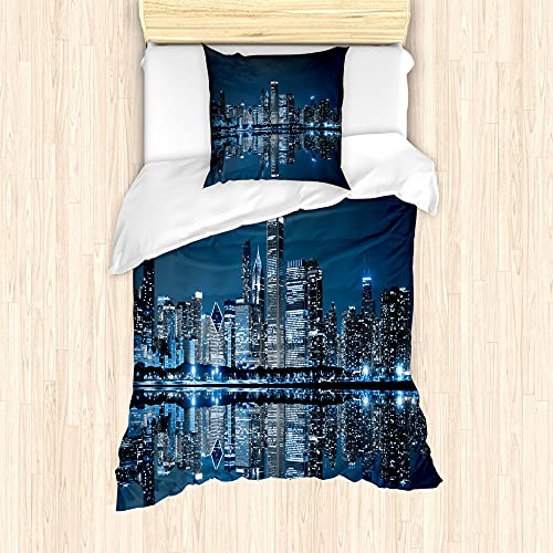 ABAKUHAUS Chicago Skyline Bettbezug Set für Einzelbetten, Schlafen Stadt, Milbensicher Allergiker geeignet mit Kissenbezug, 135 cm x 200 cm - 80 x 80 cm, Nachtblau Grau von ABAKUHAUS