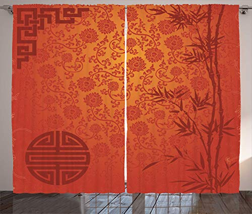 ABAKUHAUS Chinesisch Rustikaler Gardine, Traditionelle Natur-Kunst, Schlafzimmer Kräuselband Vorhang mit Schlaufen und Haken, 280 x 245 cm, Orange von ABAKUHAUS