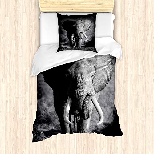 ABAKUHAUS Elefant Bettbezug Set, Exotische Wildlife Elefant, Milbensicher Allergiker geeignet mit Kissenbezügen, 135 cm x 200 cm - 80 x 80 cm, Grau von ABAKUHAUS