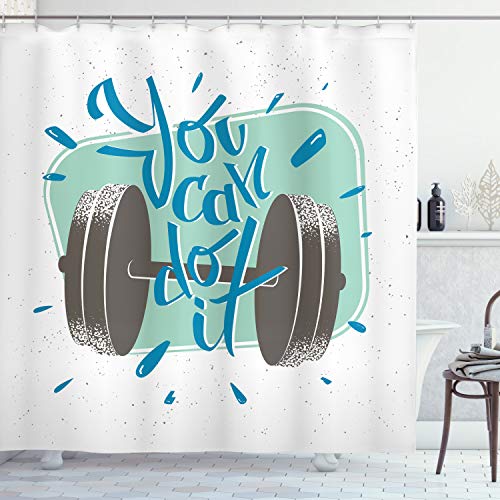 ABAKUHAUS Fitness Duschvorhang, Retro Inspiration Wörter, Stoffliches Gewebe Badezimmerdekorationsset mit Haken, 175 x 240 cm, Grau Almond Grün Blau von ABAKUHAUS