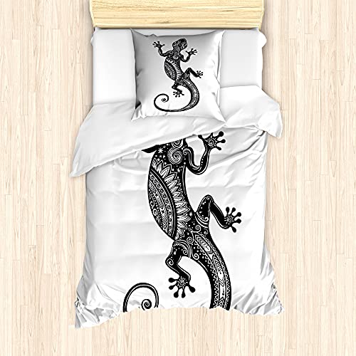 ABAKUHAUS Gecko Bettbezug Set für Einzelbetten, Blume Chevron Lizards, Milbensicher Allergiker geeignet mit Kissenbezug, 135 cm x 200 cm - 80 x 80 cm, Pale Grau Weiß von ABAKUHAUS