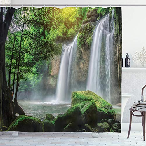 ABAKUHAUS Grün Duschvorhang, Wasserfall Natur Exotic, Stoffliches Gewebe Badezimmerdekorationsset mit Haken, 175 x 220 cm, Weiß Grün von ABAKUHAUS
