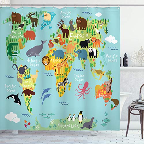 ABAKUHAUS Weltkarte Duschvorhang, Tier Karte der Welt, Stoffliches Gewebe Badezimmerdekorationsset mit Haken, 175 x 220 cm, Blassblau Gelb Grün von ABAKUHAUS