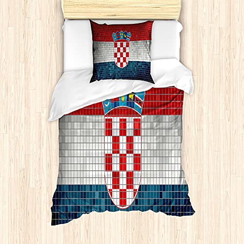 ABAKUHAUS Kroatien Bettbezug Set für Einzelbetten, Flagge mit Mosaik-Quadraten, Milbensicher Allergiker geeignet mit Kissenbezug, 135 cm x 200 cm - 80 x 80 cm, Vermilion Pale Grau von ABAKUHAUS