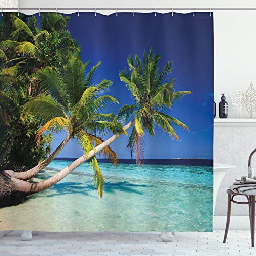 ABAKUHAUS Landschaft Duschvorhang, Tropic Island Palms, Stoffliches Gewebe Badezimmerdekorationsset mit Haken, 175 x 240 cm, Grün Aqua Blau von ABAKUHAUS
