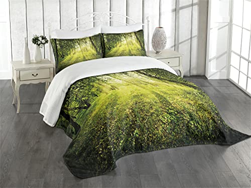 ABAKUHAUS Magisch Tagesdecke Set, Scenic Morgen in der Natur, Set mit Kissenbezügen Kein verblassen, für Doppelbetten 220 x 220 cm, Grün von ABAKUHAUS