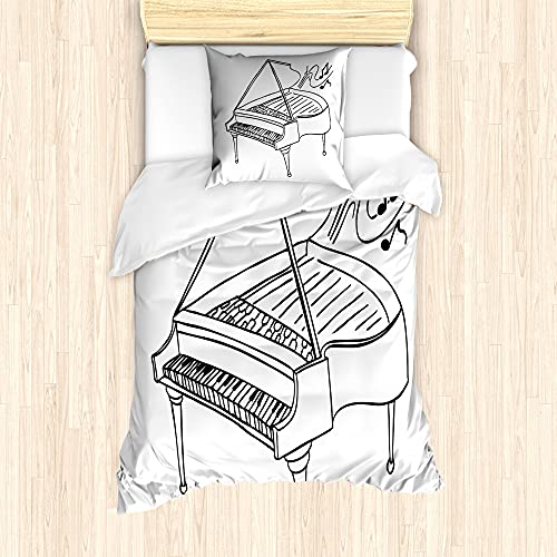 ABAKUHAUS Musiknote Bettbezug Set für Einzelbetten, Monochrome Piano Drawing, Milbensicher Allergiker geeignet mit Kissenbezug, 135 cm x 200 cm - 80 x 80 cm, Charcoal Grau und Weiß von ABAKUHAUS