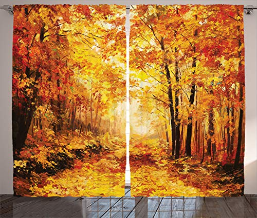 ABAKUHAUS Natur Rustikaler Gardine, Herbst im Wald entspannen, Schlafzimmer Kräuselband Vorhang mit Schlaufen und Haken, 280 x 245 cm, Orange Braun von ABAKUHAUS