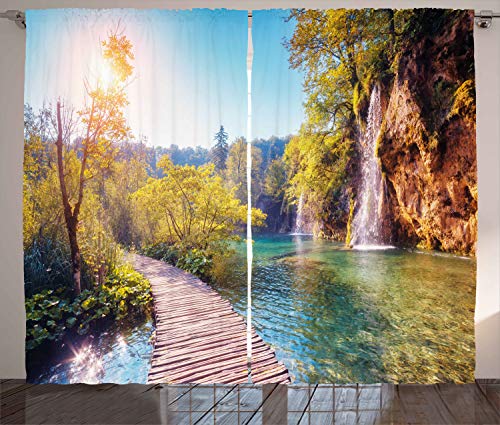 ABAKUHAUS Natur Rustikaler Gardine, Idyllischer Wasserfall am See, Schlafzimmer Kräuselband Vorhang mit Schlaufen und Haken, 280 x 260 cm, Mehrfarbig von ABAKUHAUS