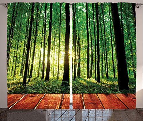 ABAKUHAUS Natur Rustikaler Gardine, Sonnenlicht Wald Bäume, Schlafzimmer Kräuselband Vorhang mit Schlaufen und Haken, 280 x 260 cm, Armeegrün braun von ABAKUHAUS
