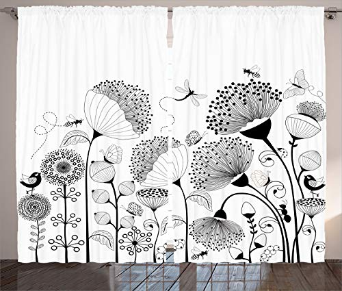 ABAKUHAUS Natur Rustikaler Vorhang, Blühende Blumen-Biene, Wohnzimmer Universalband Gardinen mit Schlaufen und Haken, 280 x 260 cm, Weiß Schwarz von ABAKUHAUS