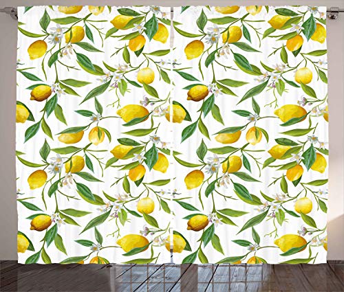 ABAKUHAUS Natur Rustikaler Vorhang, Lemon Woody Romantic, Wohnzimmer Universalband Gardinen mit Schlaufen und Haken, 280 x 245 cm, Grün Weiß von ABAKUHAUS