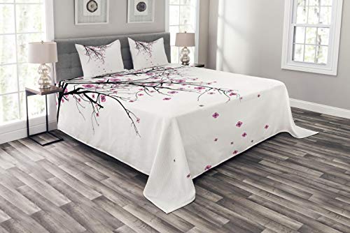 ABAKUHAUS Natur Tagesdecke Set, Kirschblüten-Blume, Set mit Kissenbezügen Moderne Designs, für Doppelbetten 264 x 220 cm, Schwarz Rosa von ABAKUHAUS