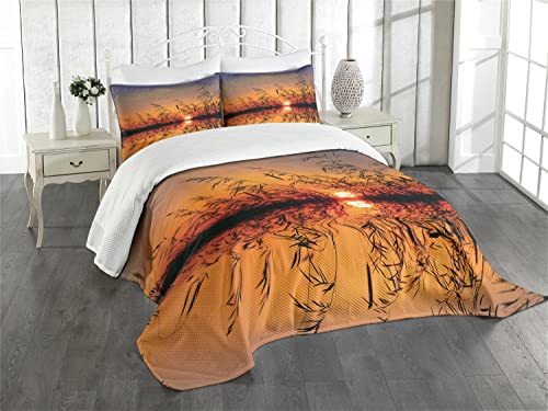 ABAKUHAUS Natur Tagesdecke Set, See-Sonnenuntergang-Foto-Szene, Set mit Kissenbezügen Weicher Stoff, für Doppelbetten 220 x 220 cm, Mehrfarbig von ABAKUHAUS